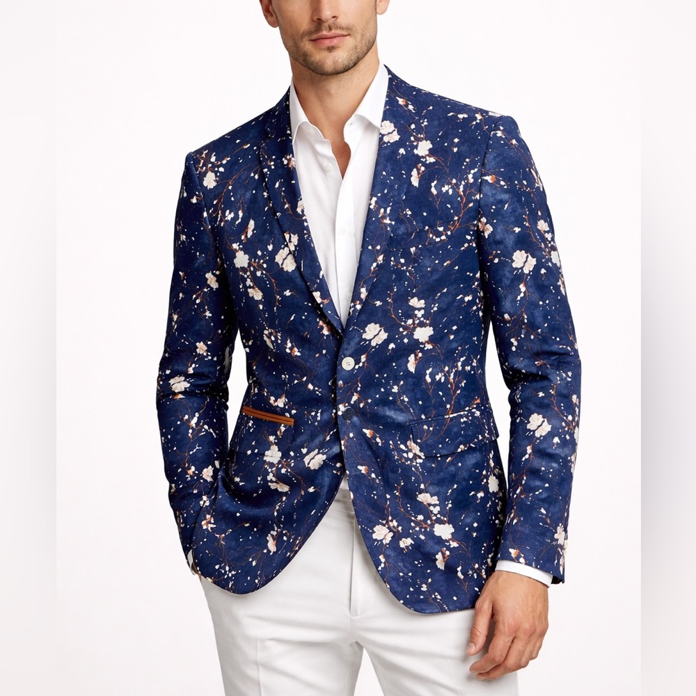 WD•NY Black 100% Cotton Navy Blue and Orange Floral Print Blazer size Medium